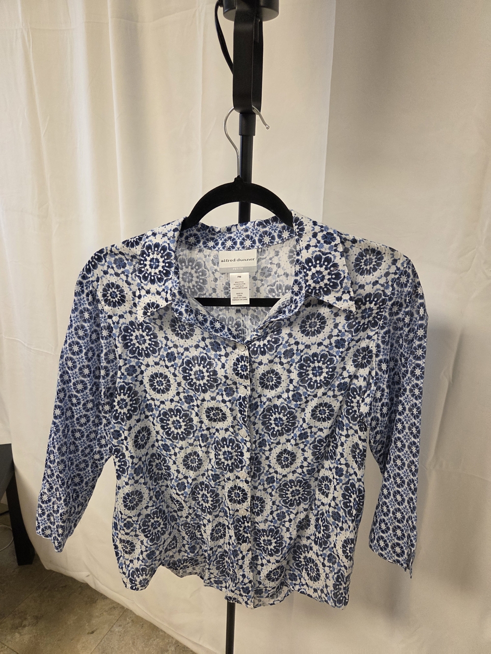 Alfred Dunner Navy and White Floral Button-Down Shirt